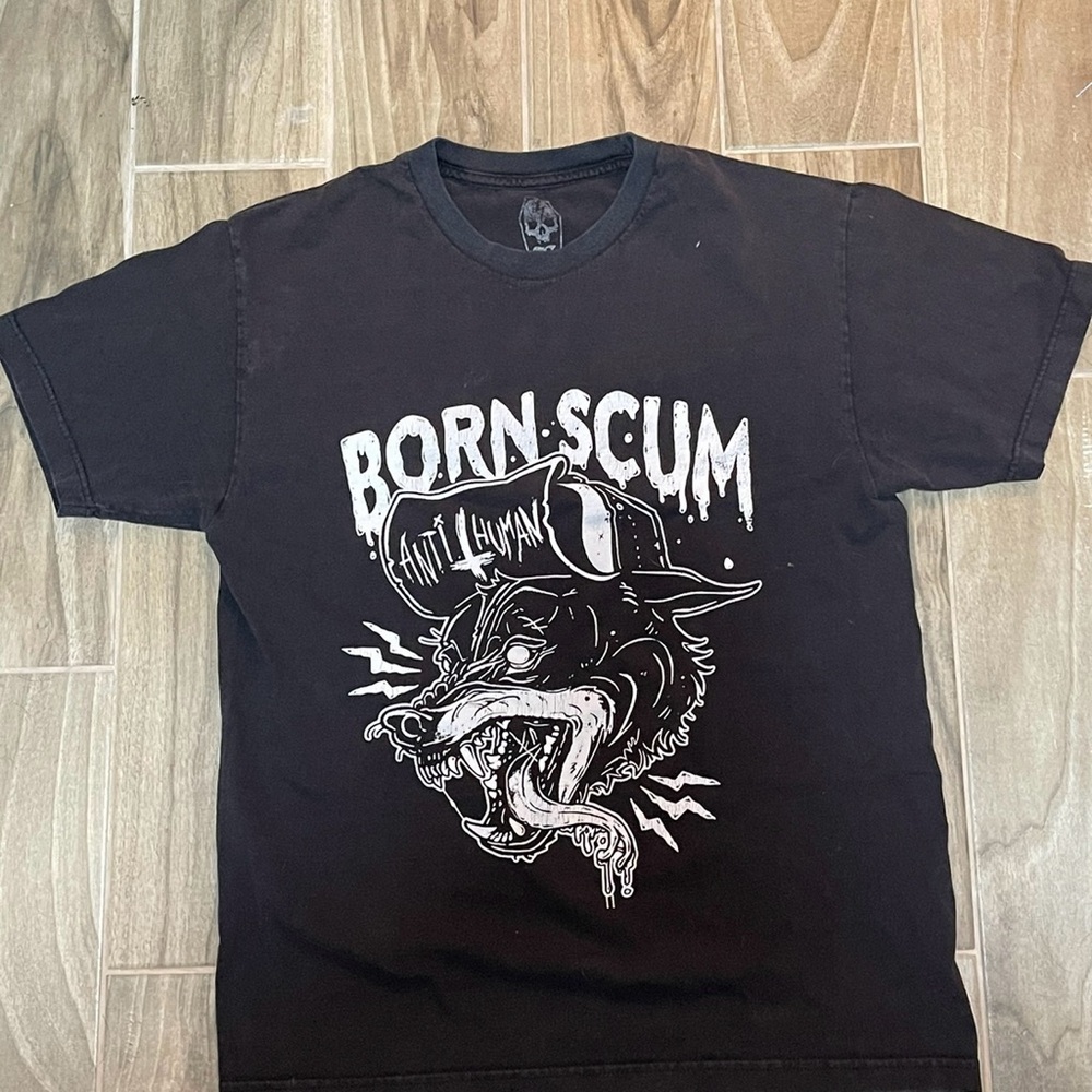Men’s Large black “Born Scum” anti human T-shirt